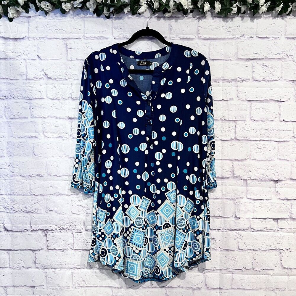 R&B Collection Size XL Blue Casual Polka Dot Stretch Jersey 3/4 Sleeve Tunic Top